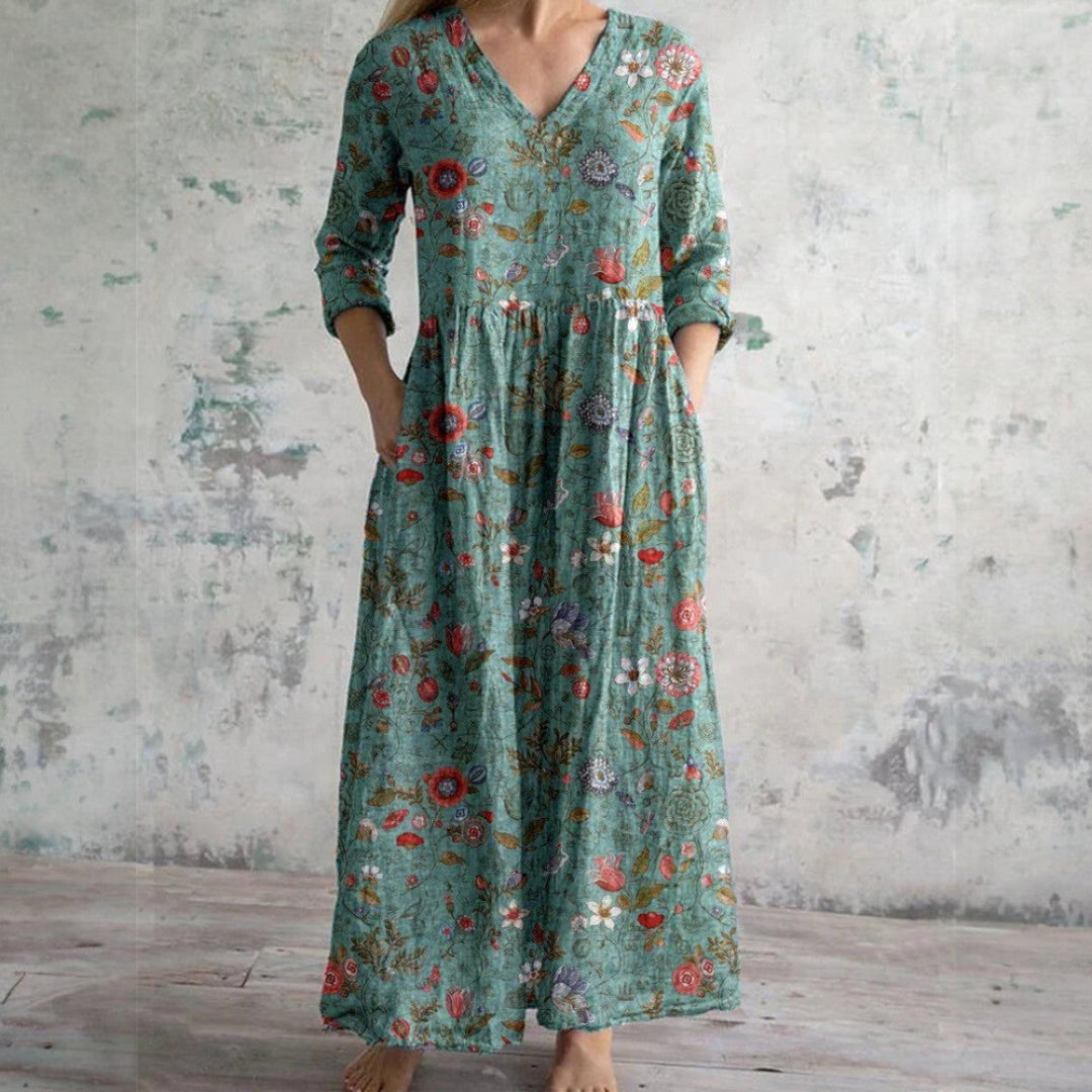Estelle | Women's Long Sleeve Floral Maxi Dress - Green