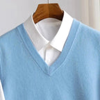 Ethan | Men's V-Neck Sweater Vest, Ribbed Trim Knit Gilet | Animated Apparel | Camel