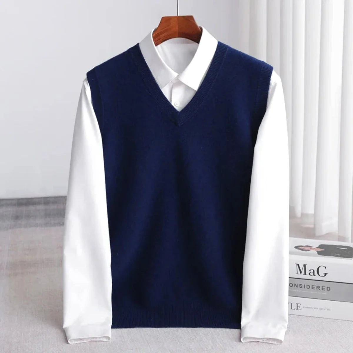 Ethan | Men's V-Neck Sweater Vest, Ribbed Trim Knit Gilet | Animated Apparel