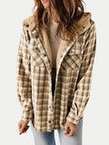 Eugenie | Women's Hooded Plaid Jacket, Button-Down Autumn Jacket | Animated Apparel | Khaki