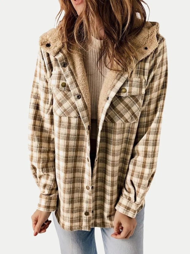 Eugenie | Women's Hooded Plaid Jacket, Button-Down Autumn Jacket | Animated Apparel | Khaki