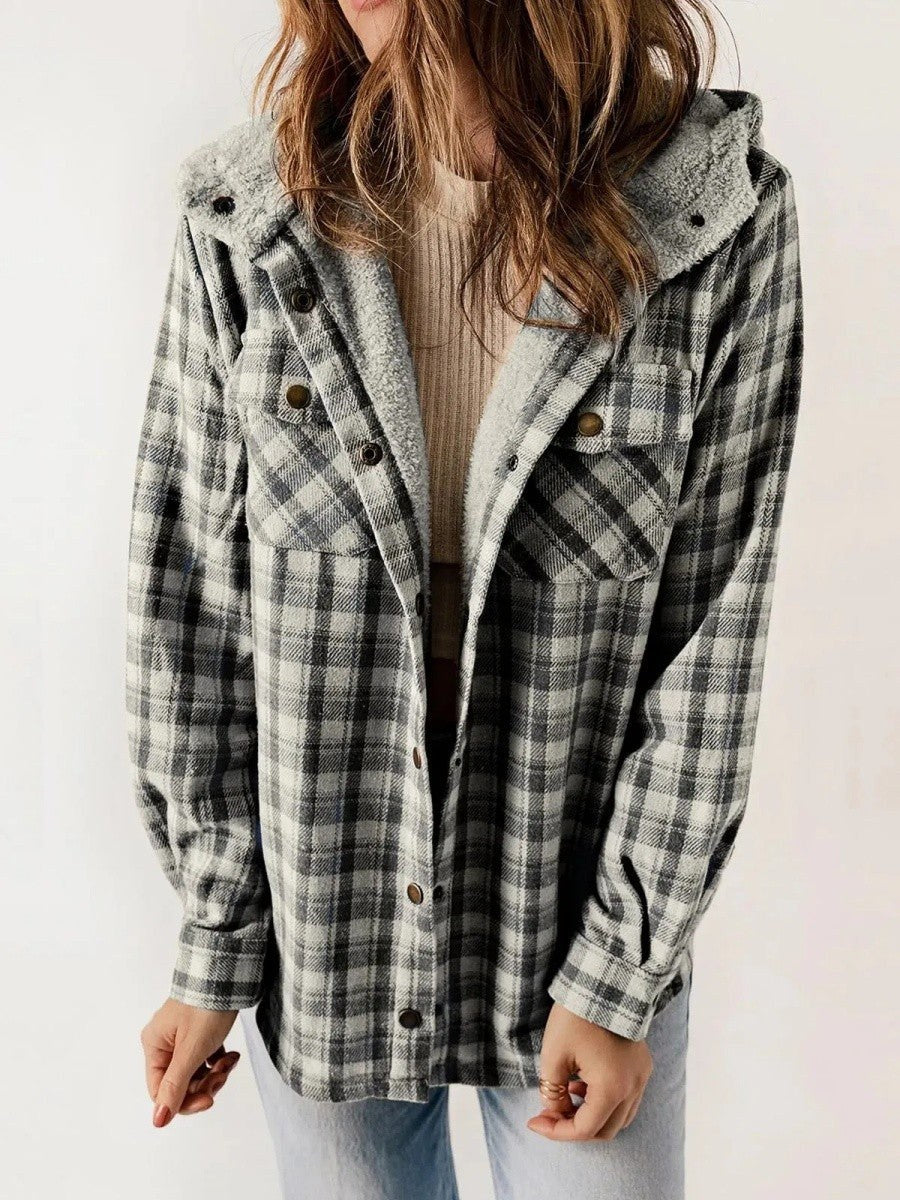 Eugenie | Women's Hooded Plaid Jacket, Button-Down Autumn Jacket | Animated Apparel | Dark Grey
