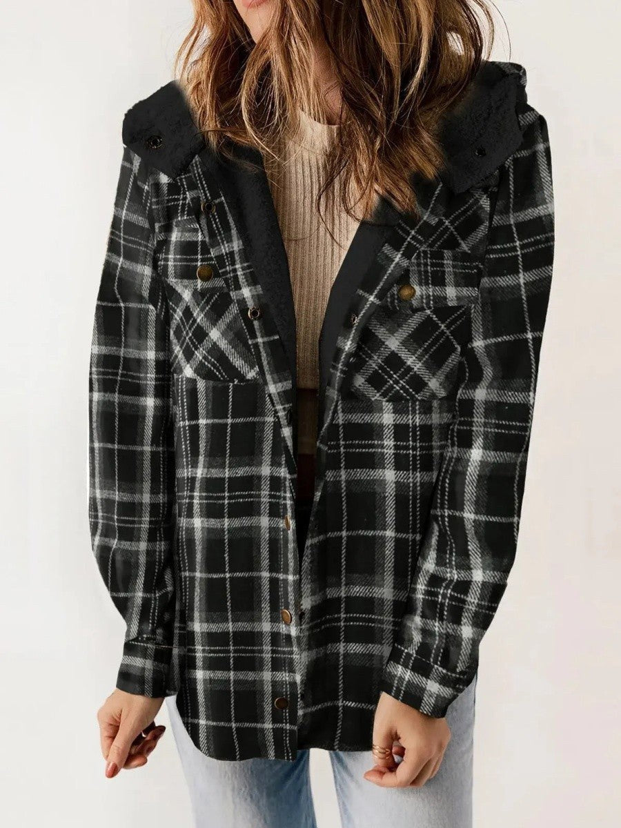 Eugenie | Women's Hooded Plaid Jacket, Button-Down Autumn Jacket | Animated Apparel | Black