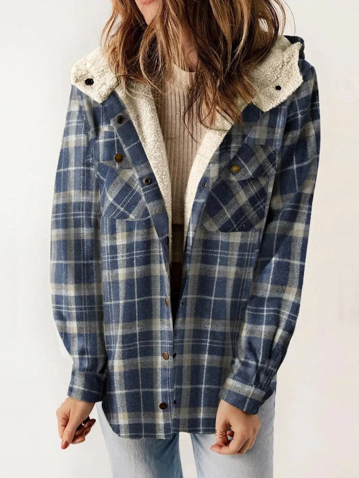 Eugenie | Women's Hooded Plaid Jacket, Button-Down Autumn Jacket | Animated Apparel | Blue