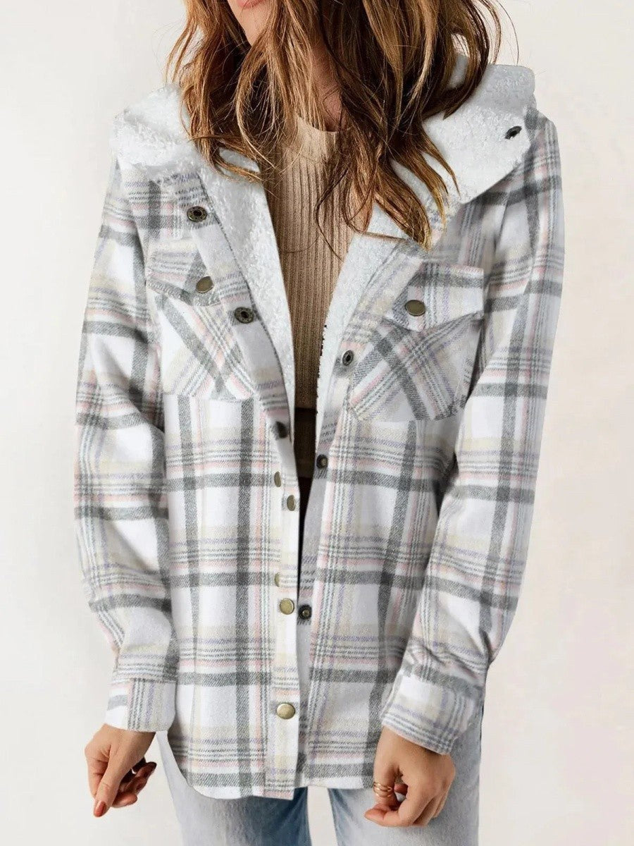 Eugenie | Women's Hooded Plaid Jacket, Button-Down Autumn Jacket | Animated Apparel | White