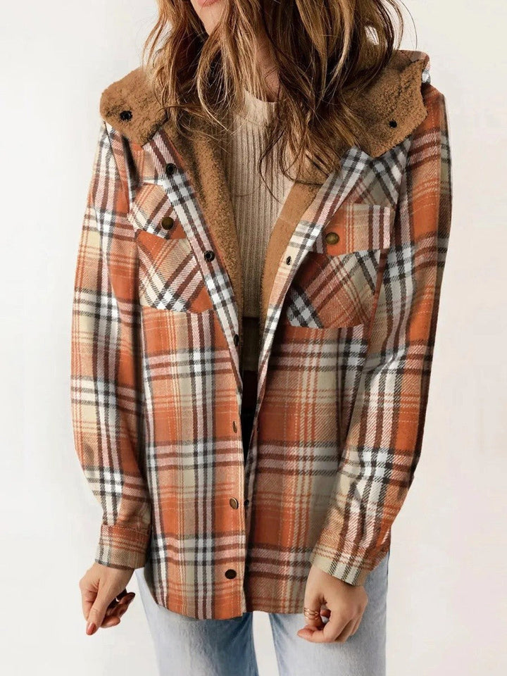 Eugenie | Women's Hooded Plaid Jacket, Button-Down Autumn Jacket | Animated Apparel | Brown