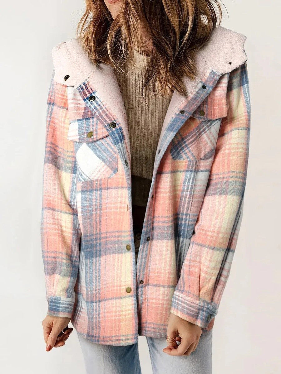 Eugenie | Women's Hooded Plaid Jacket, Button-Down Autumn Jacket | Animated Apparel | Pink
