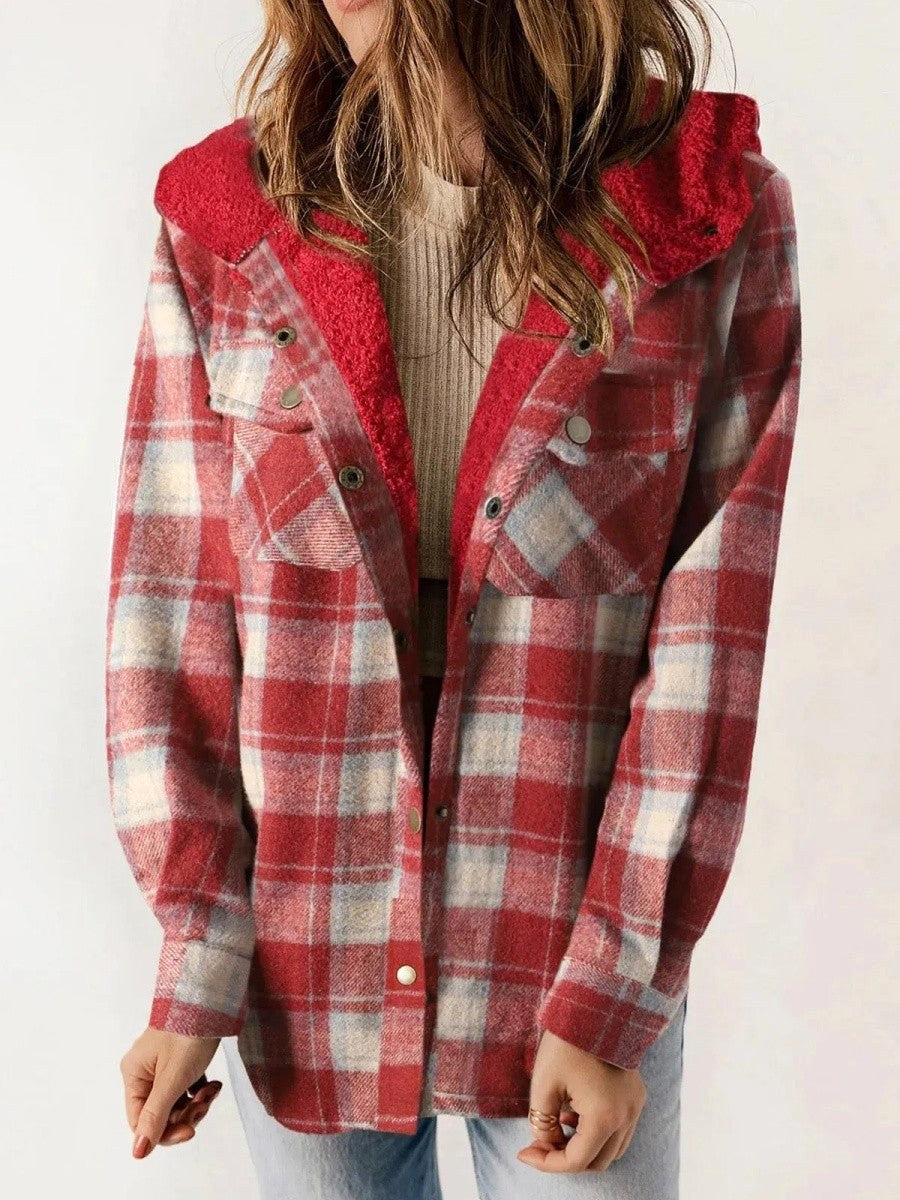 Eugenie | Women's Hooded Plaid Jacket, Button-Down Autumn Jacket | Animated Apparel | Red