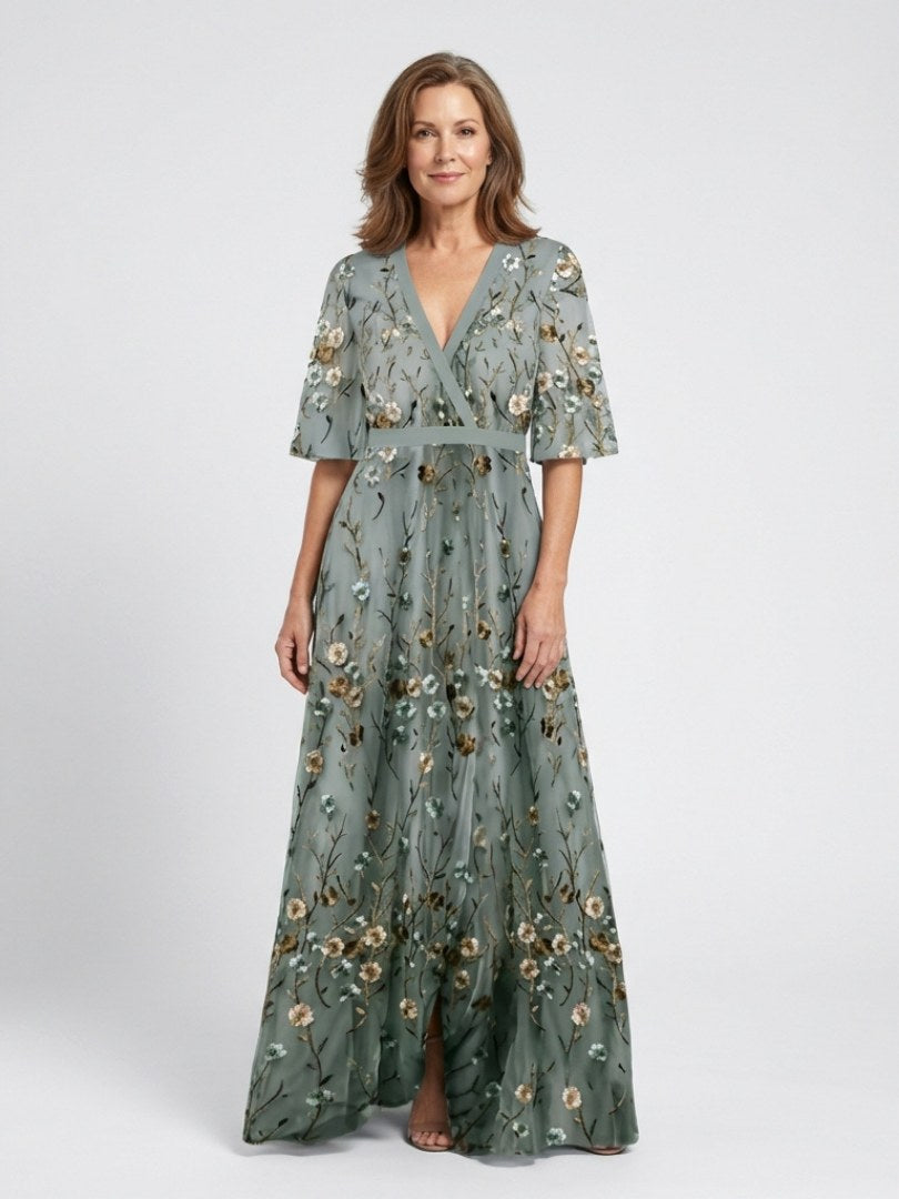 Evadne | Women's Floral V-Neck Short Sleeve Maxi Dress - Green