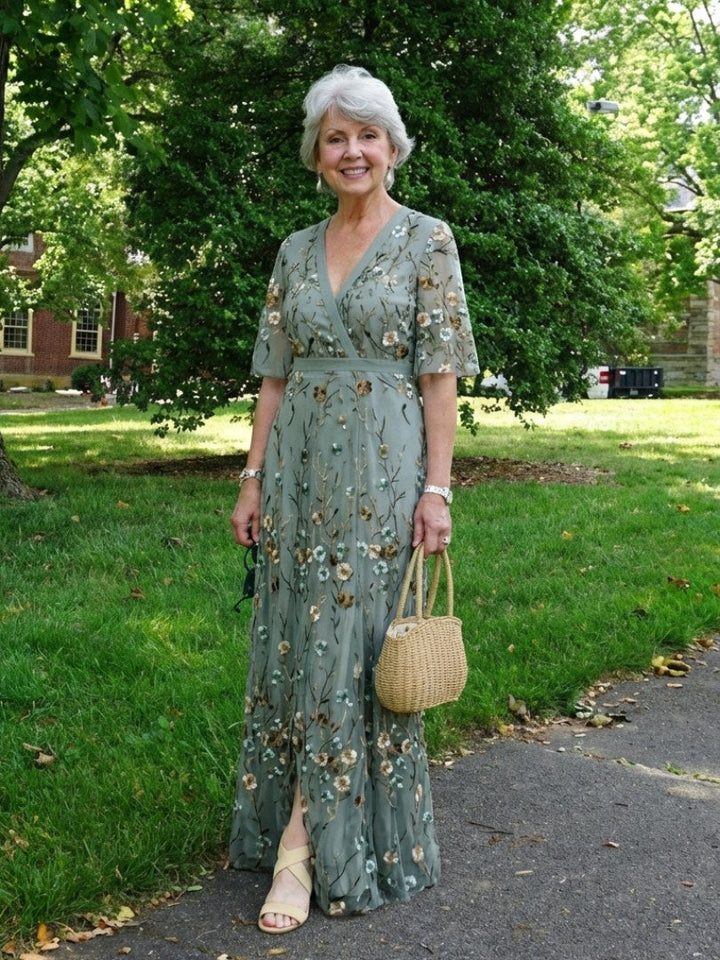 Evadne | Women's Floral V-Neck Short Sleeve Maxi Dress - image 7
