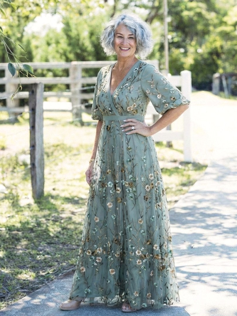 Evadne | Women's Floral V-Neck Short Sleeve Maxi Dress - image 8