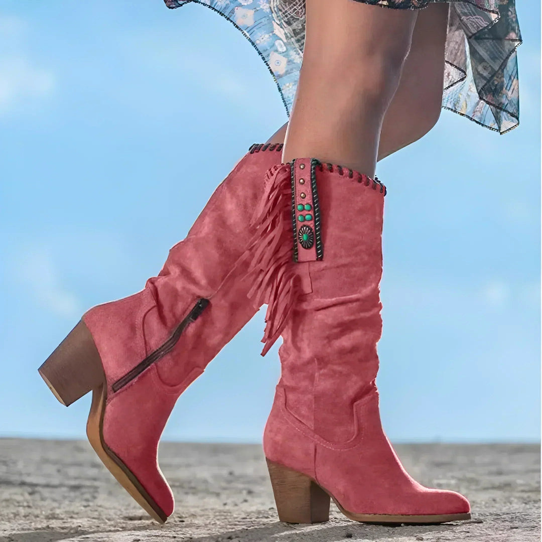 Evelyn | Women's Leather Cowboy Boots, Western Fringe Boots | Animated Apparel | Red