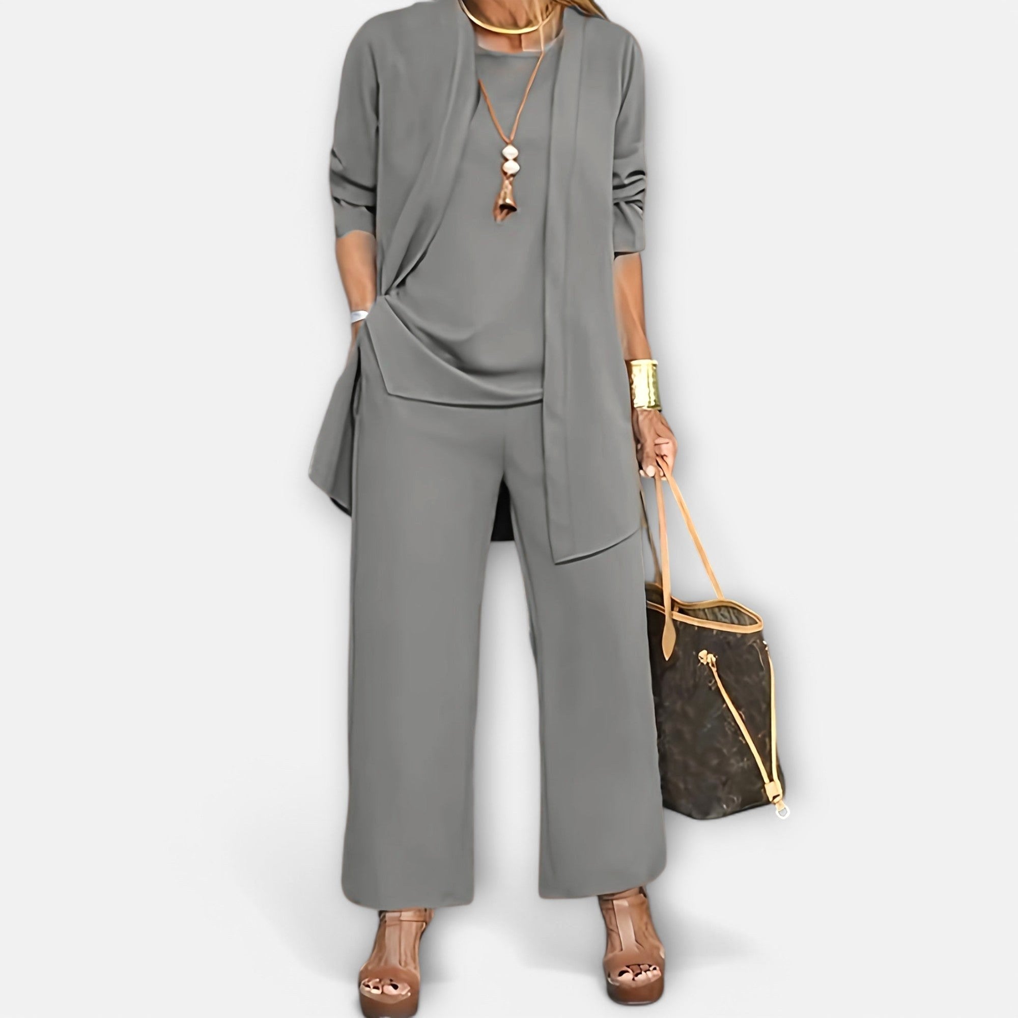Ewa | Women's Three-Piece Lounge Set, Soft Knit Cardigan Suit | Animated Apparel