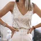 Natalie | Women's Sequin Embellished Top with Adjustable Straps, V-Neck Evening Top | Animated Apparel