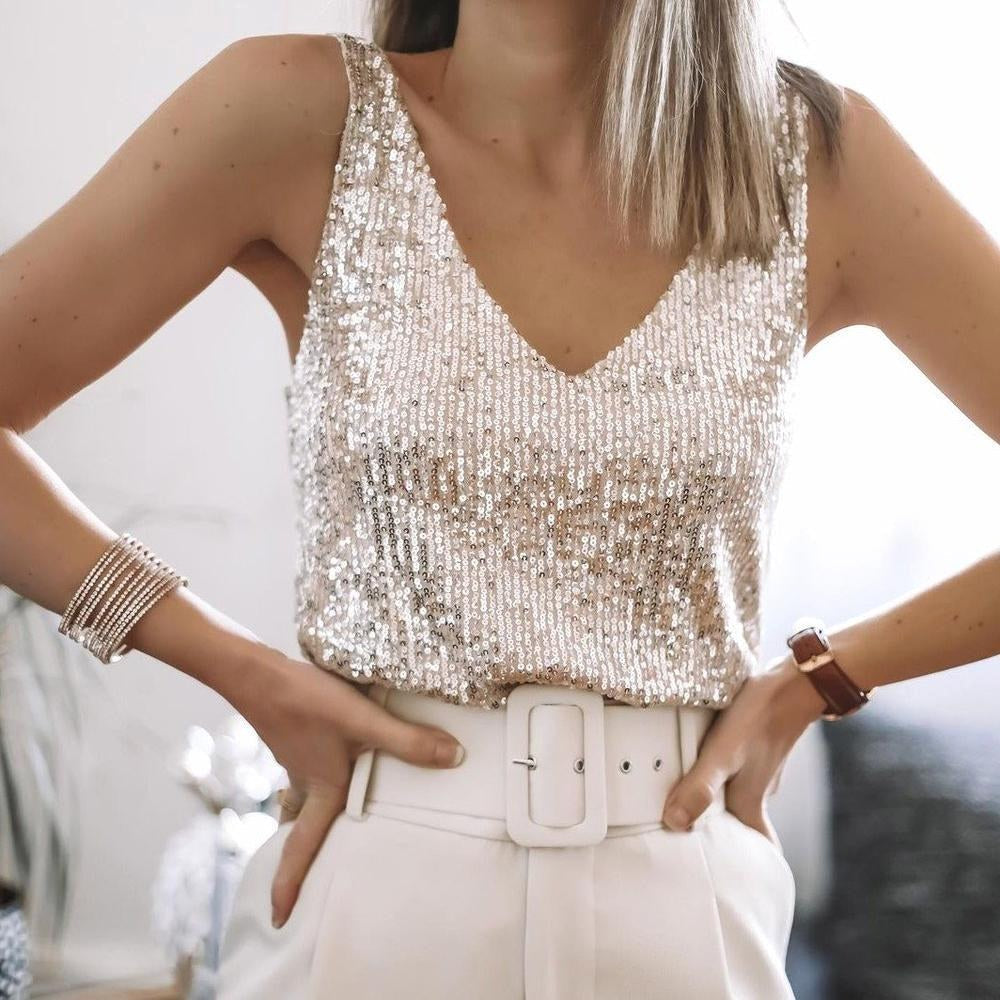 Natalie | Women's Sequin Embellished Top with Adjustable Straps, V-Neck Evening Top | Animated Apparel