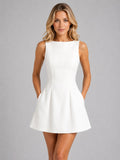 Felicity | Women's Sleeveless A-Line Mini Dress, Structured Fit Dress | Animated Apparel | White