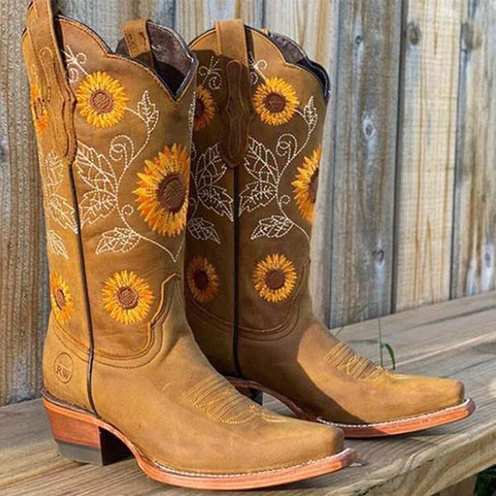 Florence | Women's Bohemian-Style Boots, Sunflower Pattern Ankle Boots | Animated Apparel | Khaki