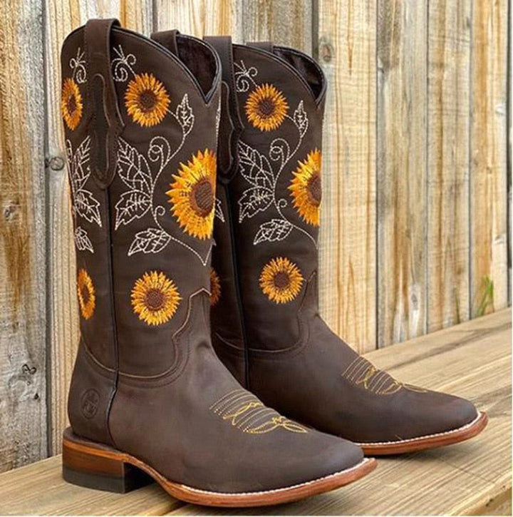 Florence | Women's Bohemian-Style Boots, Sunflower Pattern Ankle Boots | Animated Apparel | Dark Brown