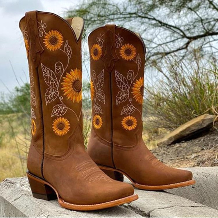 Florence | Women's Bohemian-Style Boots, Sunflower Pattern Ankle Boots | Animated Apparel | Brown