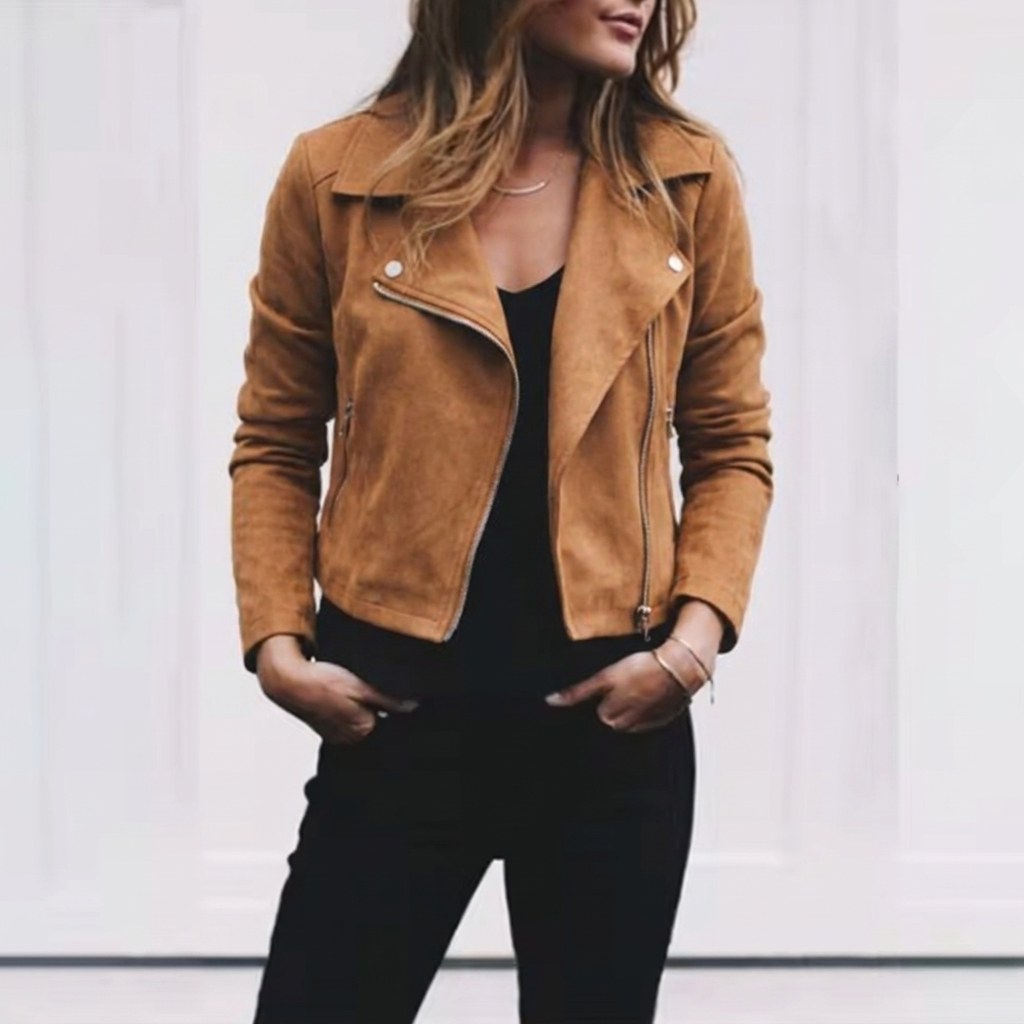 Florence | Women's Suede Cropped Jacket with Asymmetric Zip Front, Moto-Style Jacket | Animated Apparel | Khaki