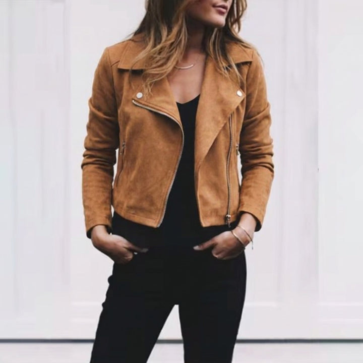 Florence | Women's Suede Cropped Jacket with Asymmetric Zip Front, Moto-Style Jacket | Animated Apparel | Khaki
