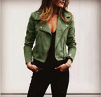 Florence | Women's Suede Cropped Jacket with Asymmetric Zip Front, Moto-Style Jacket | Animated Apparel | Green