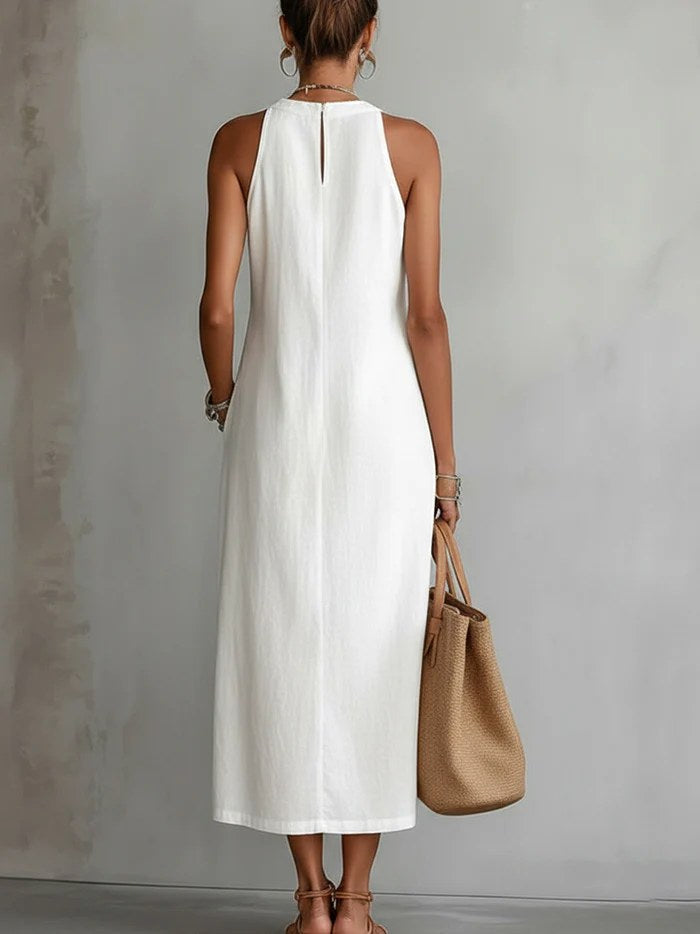 Francine | Women's Linen Midi Dress with Mandarin Collar - image 3
