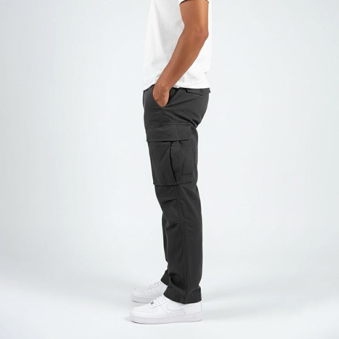 Freddie | Men's Relaxed Fit Cargo Trousers, Side Pocket Streetwear Trousers | Animated Apparel | Black