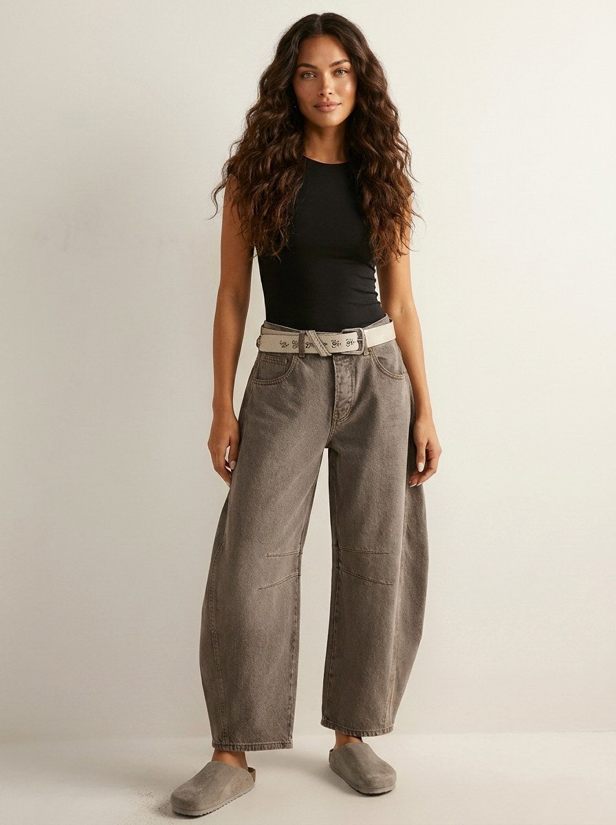 Freya | Women's Relaxed Barrel Jeans, High-Waist Denim Jeans | Animated Apparel | Beige