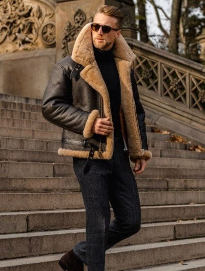 Garrett | Men's Shearling-Lined Leather Jacket, Warm Flight-Style Coat | Animated Apparel