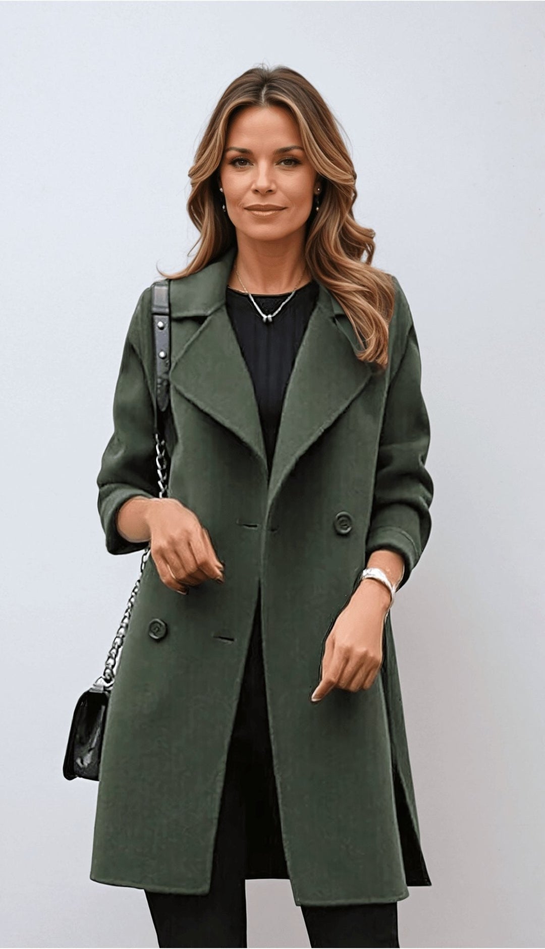 Genevieve | Women's Double Breasted Mid-Length Coat, Notched Lapel Autumn Coat | Animated Apparel | Army Green