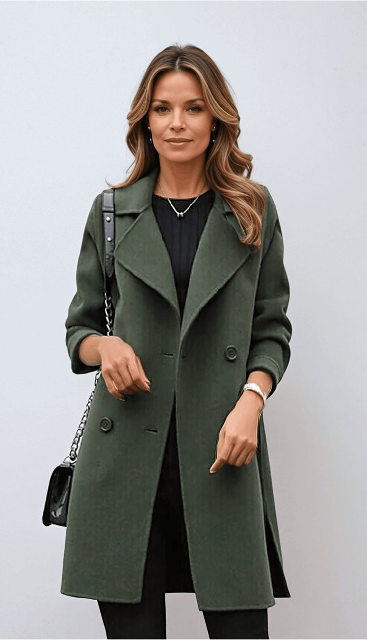 Genevieve | Women's Double Breasted Mid-Length Coat, Notched Lapel Autumn Coat | Animated Apparel | Army Green