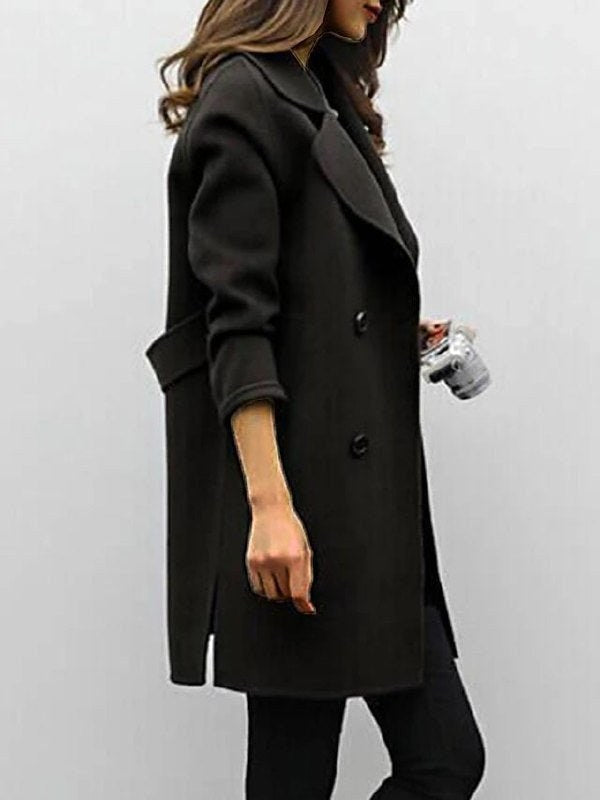 Genevieve | Women's Double Breasted Mid-Length Coat, Notched Lapel Autumn Coat | Animated Apparel | Brown