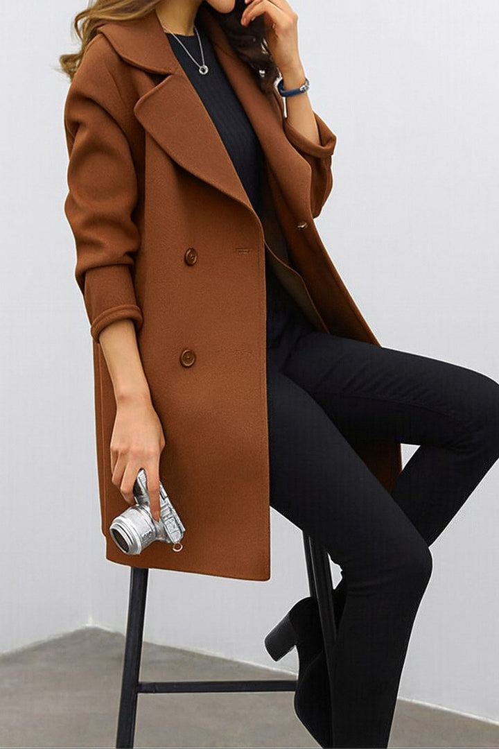 Genevieve | Women's Double Breasted Mid-Length Coat, Notched Lapel Autumn Coat | Animated Apparel | Black