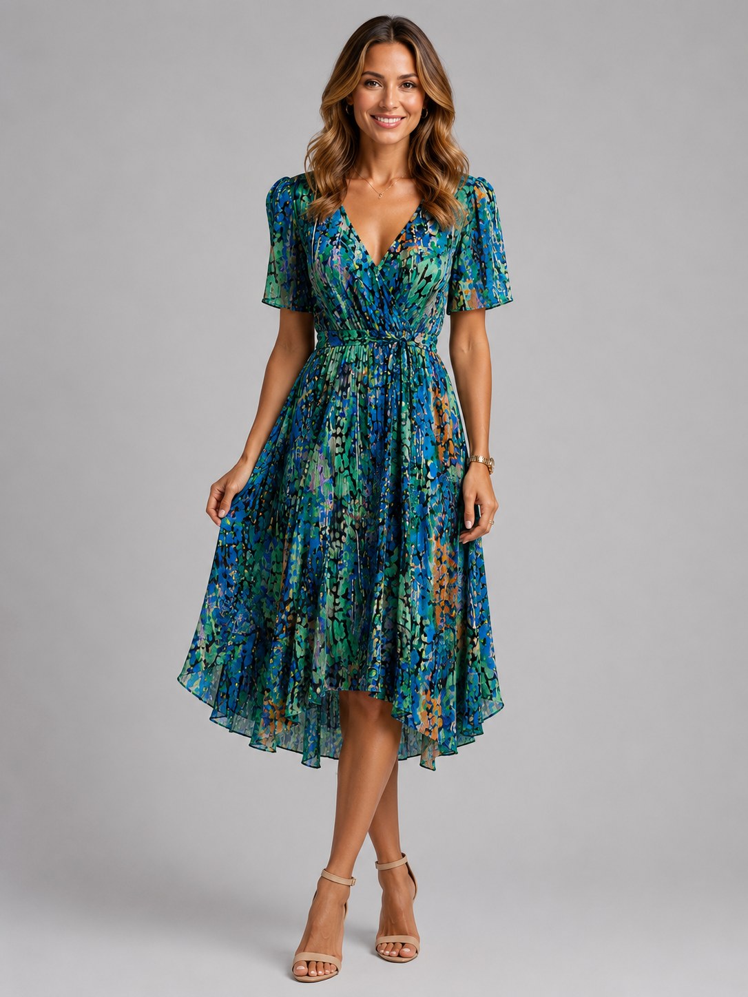 Georgia | Women's V-Neck Midi Dress with Flowing Silhouette, Printed Summer Dress | Animated Apparel | Blue