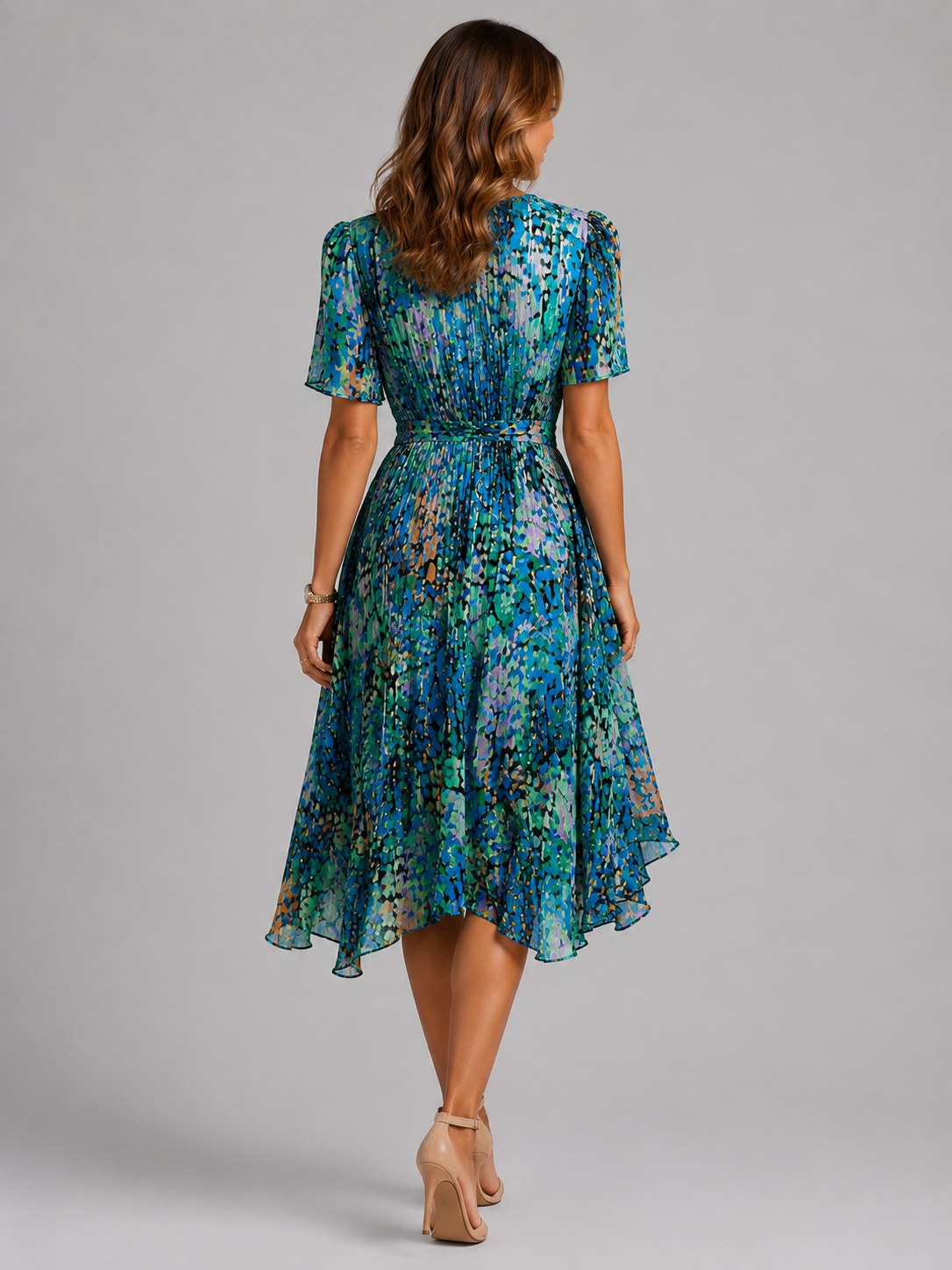 Georgia | Women's V-Neck Midi Dress with Flowing Silhouette, Printed Summer Dress | Animated Apparel | Multi