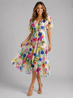 Georgia | Women's V-Neck Midi Dress with Flowing Silhouette, Printed Summer Dress | Animated Apparel | Rose Red