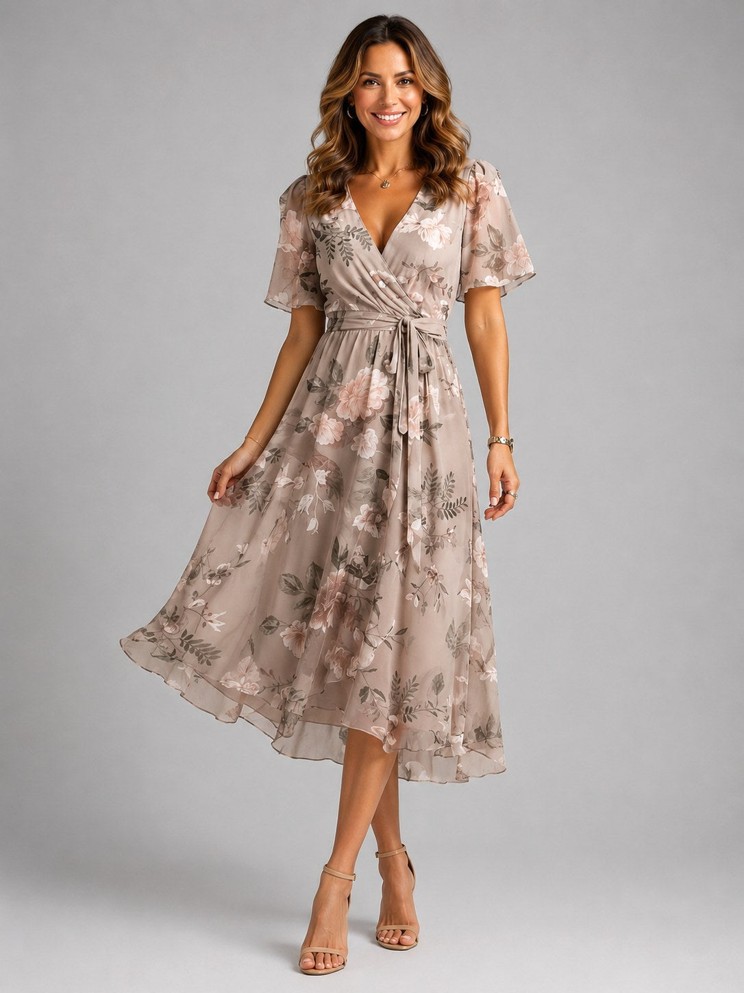 Georgia | Women's V-Neck Midi Dress with Flowing Silhouette, Printed Summer Dress | Animated Apparel | Green