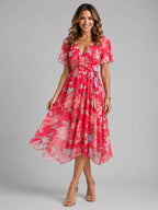 Georgia | Women's V-Neck Midi Dress with Flowing Silhouette, Printed Summer Dress | Animated Apparel