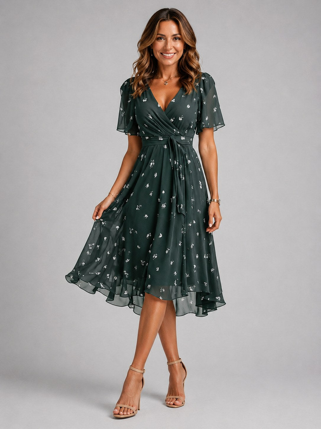 Georgia | Women's V-Neck Midi Dress with Flowing Silhouette, Printed Summer Dress | Animated Apparel