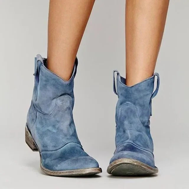Georgia | Women's Vintage Cowboy Ankle Boots, Western-Inspired Style | Animated Apparel | Blue