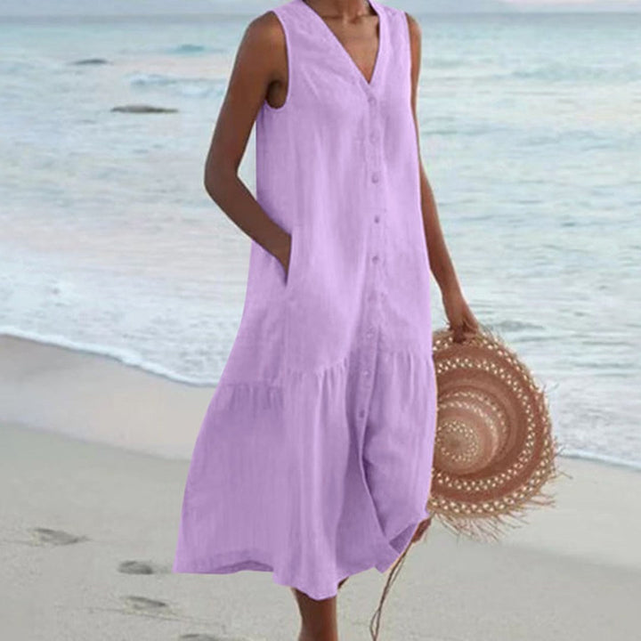 Giovanna | Women's Linen Sleeveless Midi Shirt Dress - Purple
