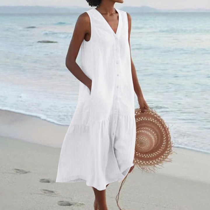 Giovanna | Women's Linen Sleeveless Midi Shirt Dress - White