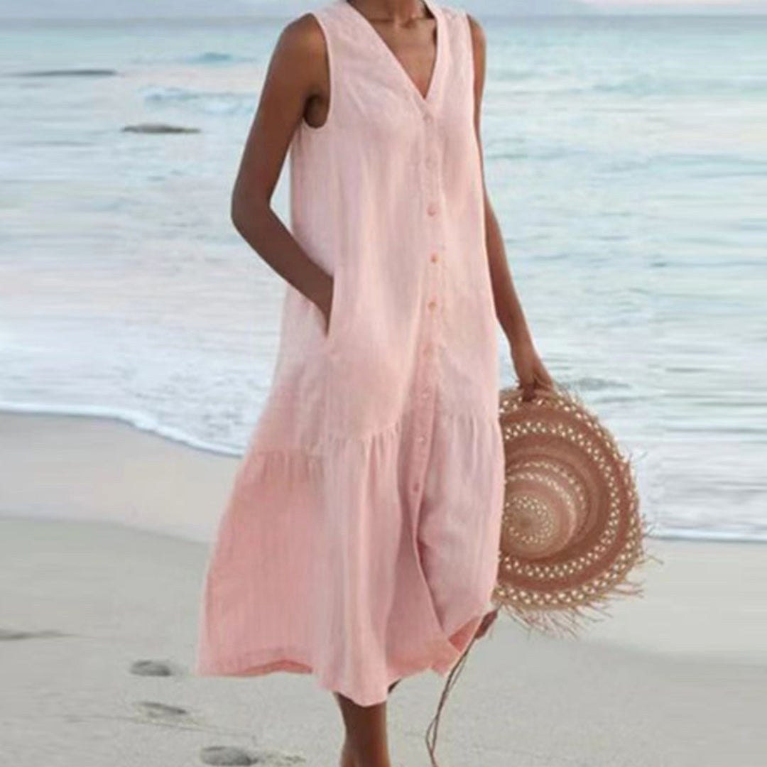Giovanna | Women's Linen Sleeveless Midi Shirt Dress - Pink