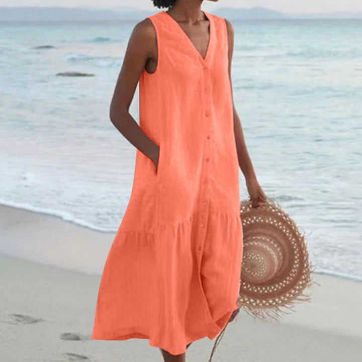 Giovanna | Women's Linen Sleeveless Midi Shirt Dress - Orange