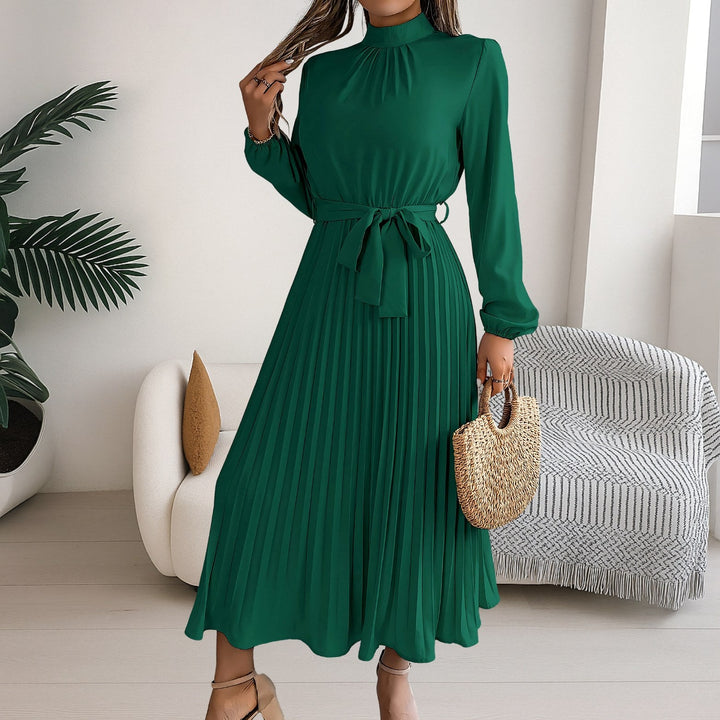 Grace | Women's Midi Dress with Pleated Skirt and Tie Belt - Donkergroen