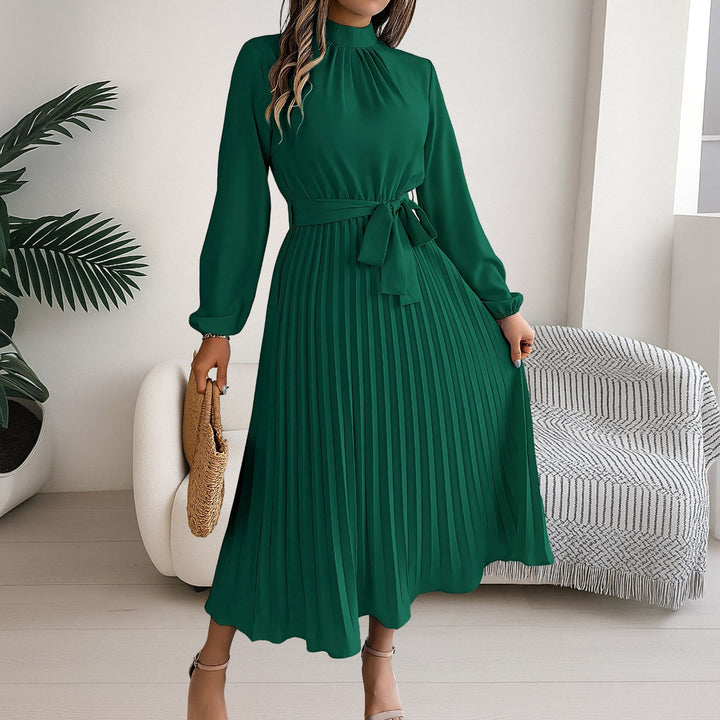 Grace | Women's Midi Dress with Pleated Skirt and Tie Belt - Lichtblauw