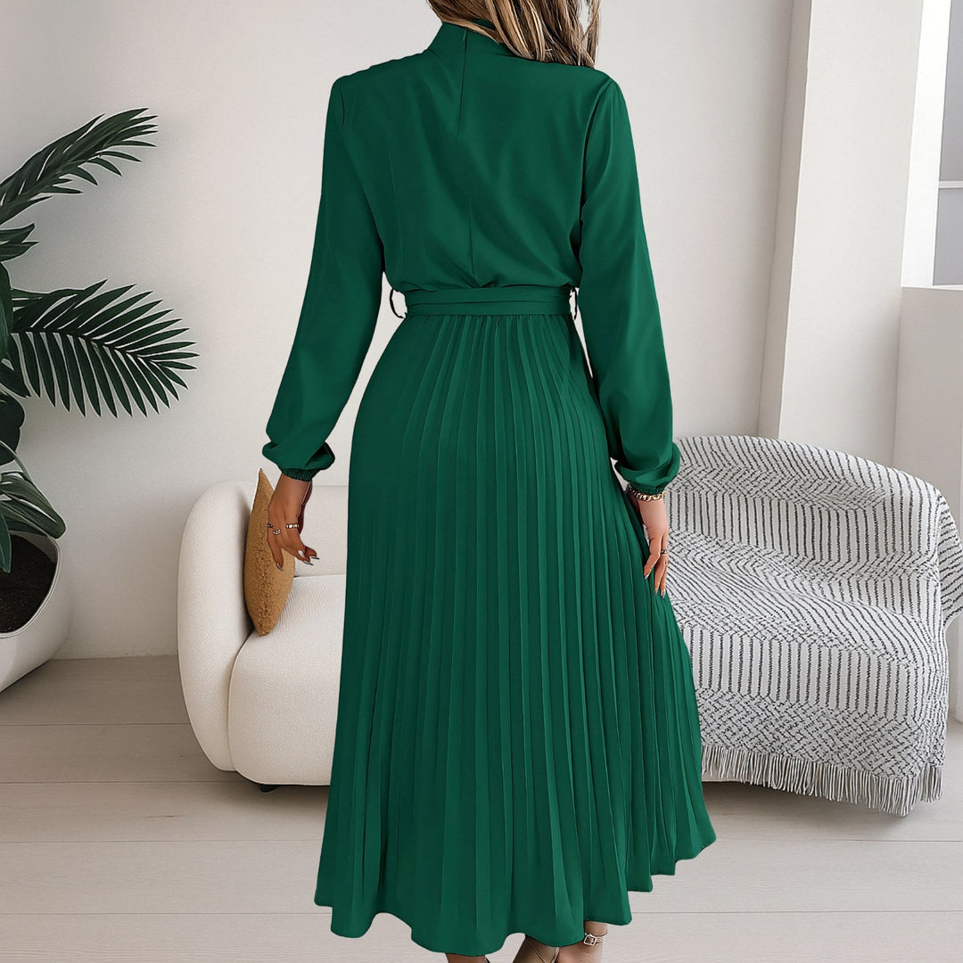 Grace | Women's Midi Dress with Pleated Skirt and Tie Belt - Donkerrood