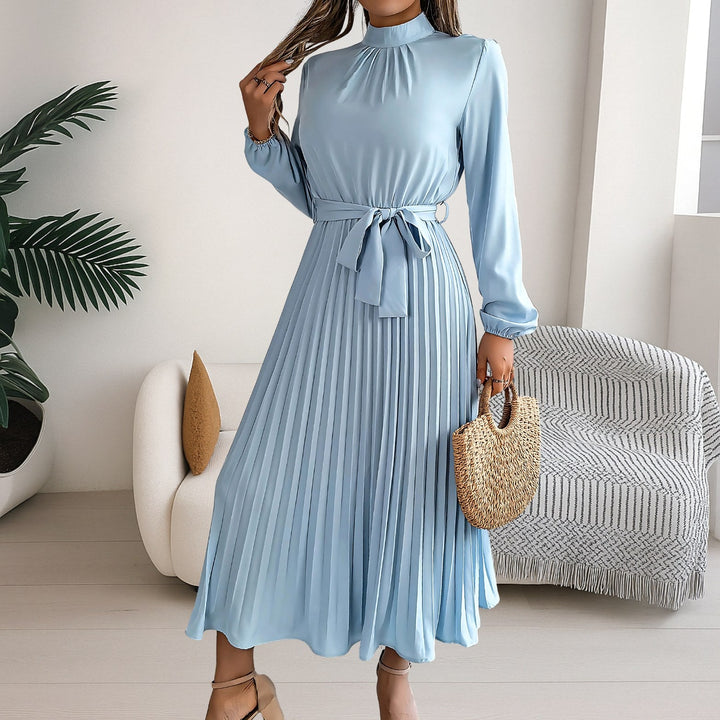Grace | Women's Midi Dress with Pleated Skirt and Tie Belt - Khaki