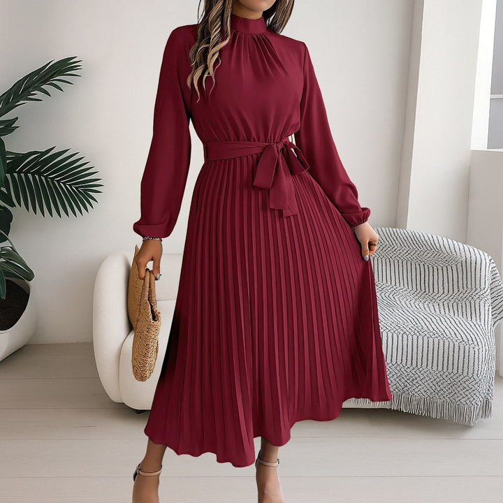 Grace | Women's Midi Dress with Pleated Skirt and Tie Belt - Marineblauw